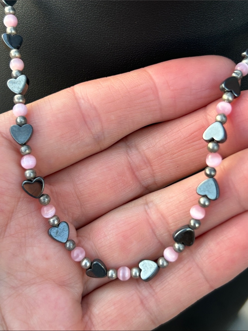 Vintage Pink Cats Eye and Hematite Heart Bead Necklace - Picture 8 of 8